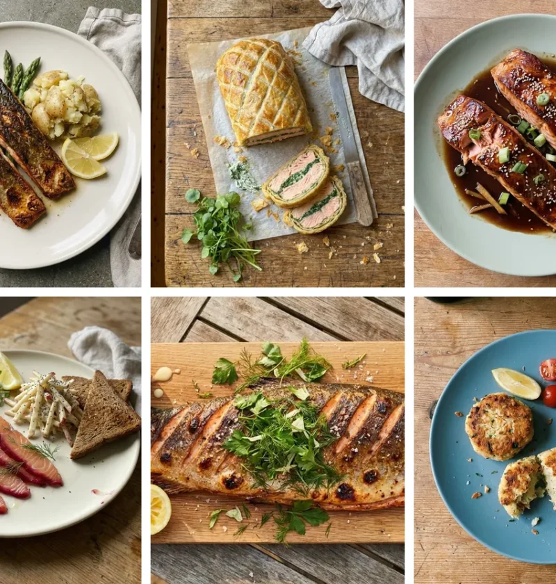 Six Gordon Ramsay salmon recipes: crispy skin salmon, salmon wellington, teriyaki salmon, beetroot cured salmon, grilled whole salmon and salmon fish cakes