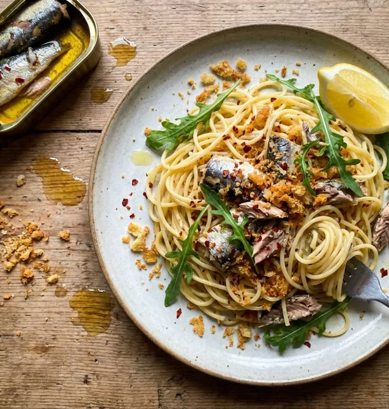 Gordon Ramsay spaghetti with sardines chilli oregano and crispy garlic breadcrumbs