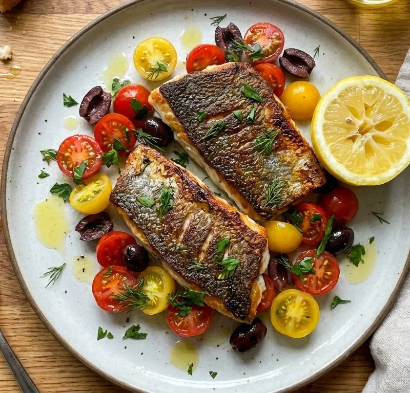Gordon Ramsay pan fried sea bream with cherry tomato olive and herb salsa