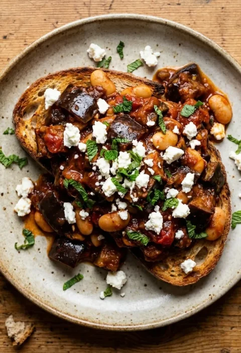 Gordon Ramsay slow cooked aubergine stew on toasted sourdough with feta and mint