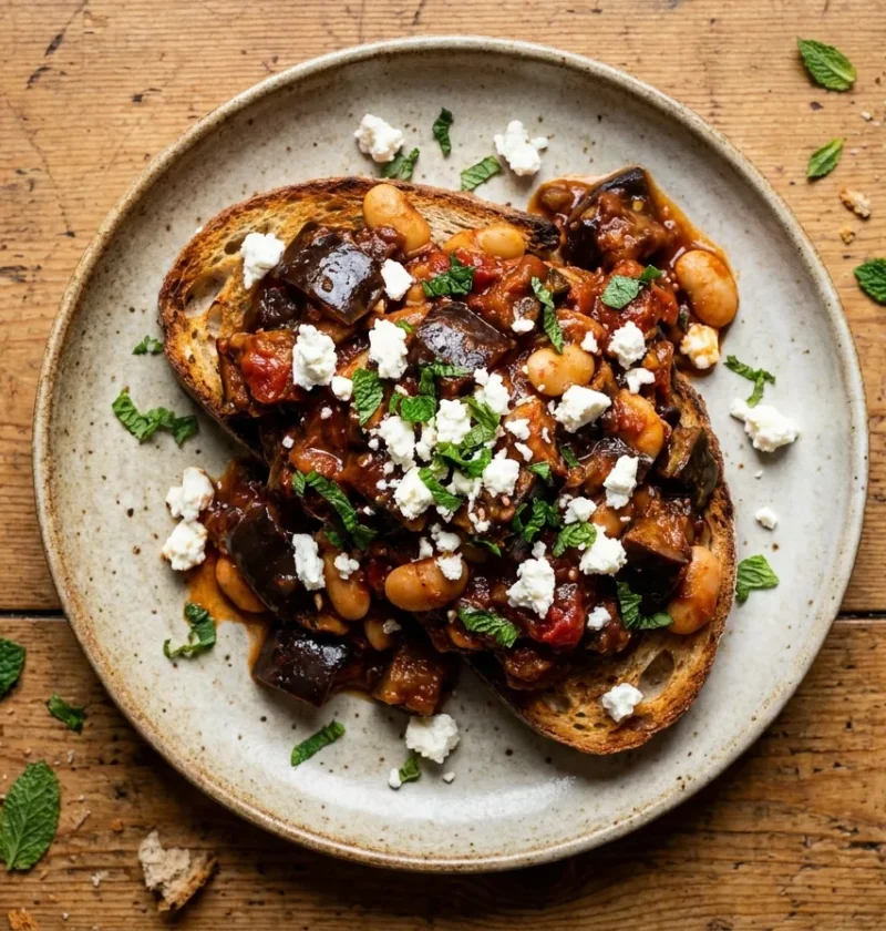 Gordon Ramsay slow cooked aubergine stew on toasted sourdough with feta and mint