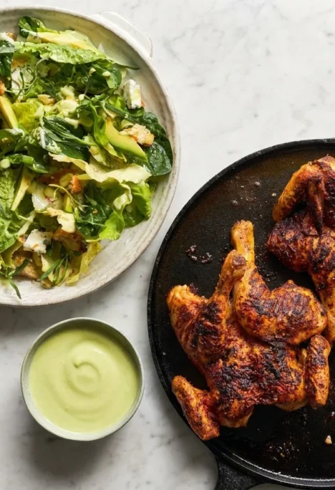 Gordon Ramsay spatchcock chicken with smoked paprika rub on a cast iron griddle, green goddess dressing and blue cheese salad beside it