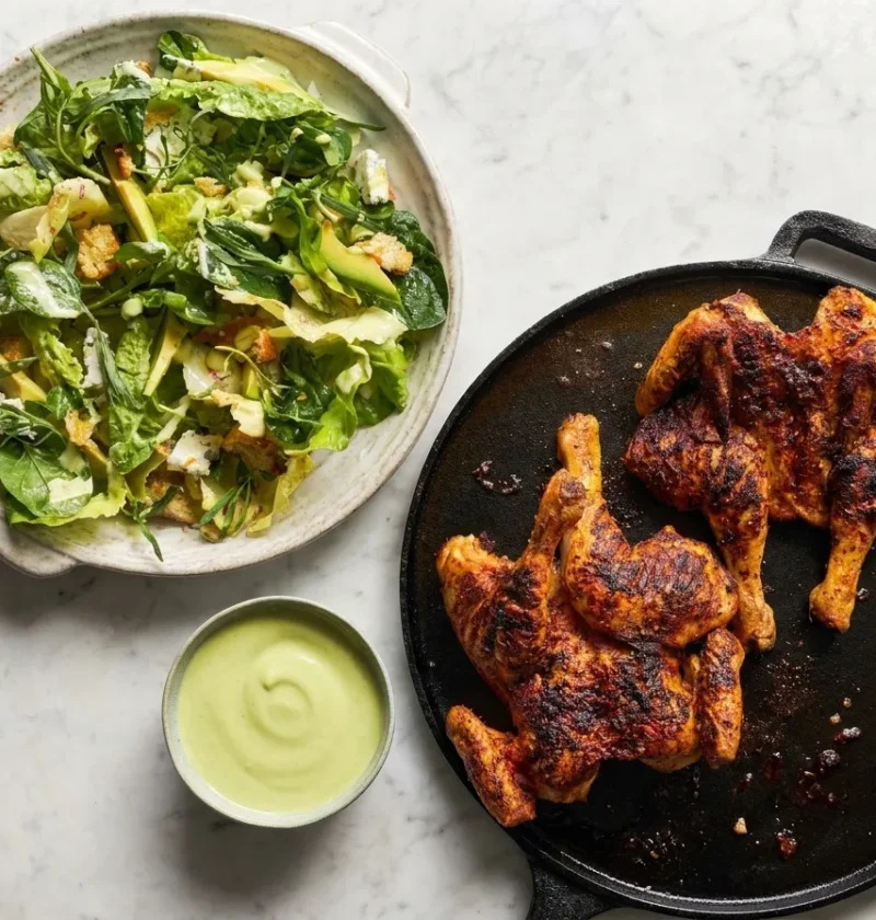 Gordon Ramsay spatchcock chicken with smoked paprika rub on a cast iron griddle, green goddess dressing and blue cheese salad beside it