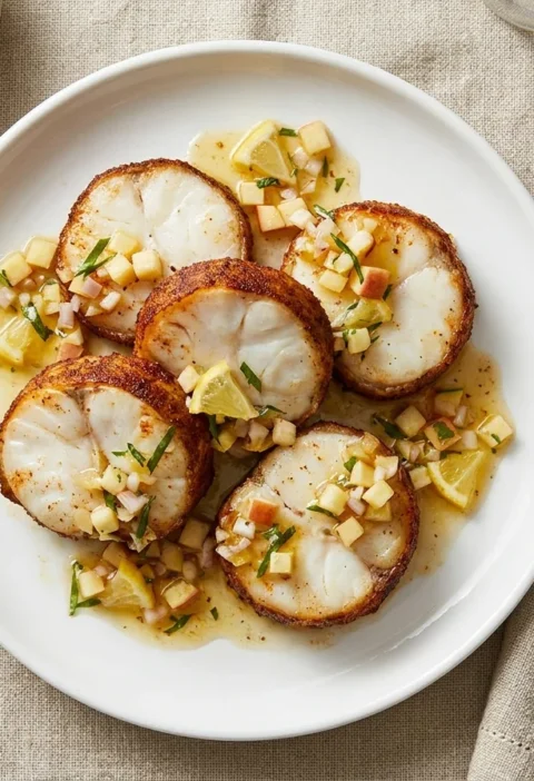 Gordon Ramsay spiced monkfish, thick slices of monkfish tail with a golden five spice crust and a citrus vinaigrette with apple, shallot and tarragon