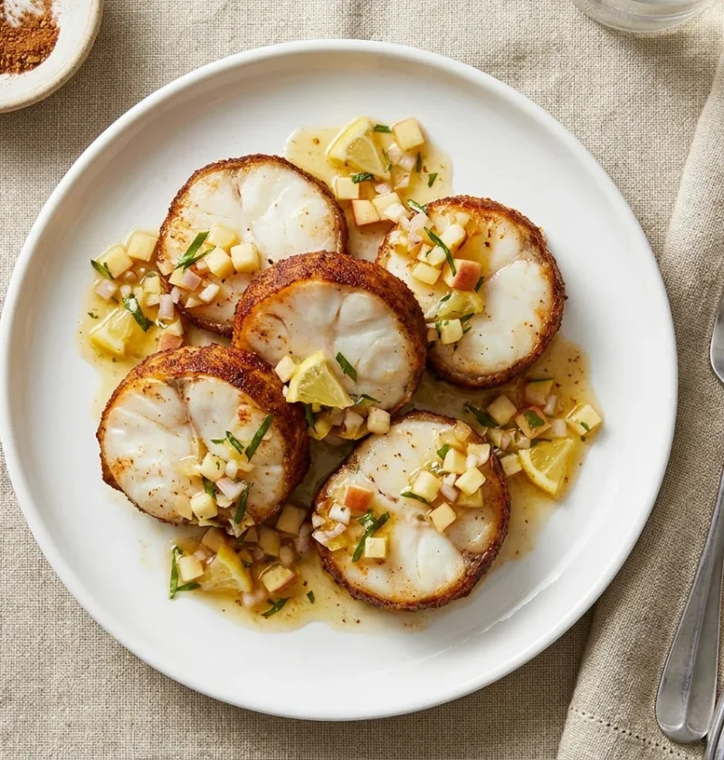 Gordon Ramsay spiced monkfish, thick slices of monkfish tail with a golden five spice crust and a citrus vinaigrette with apple, shallot and tarragon