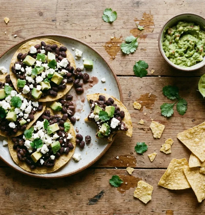 Gordon Ramsay spicy black beans on tostadas with feta avocado and lime