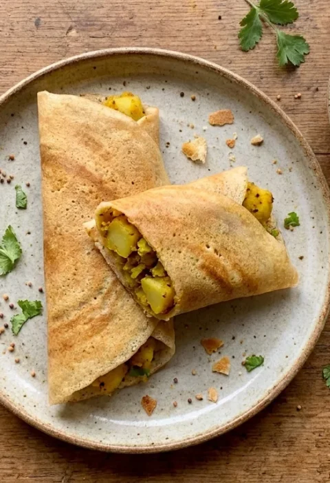 Gordon Ramsay spicy potato pancakes rolled with turmeric filling yoghurt and coriander on a ceramic plate