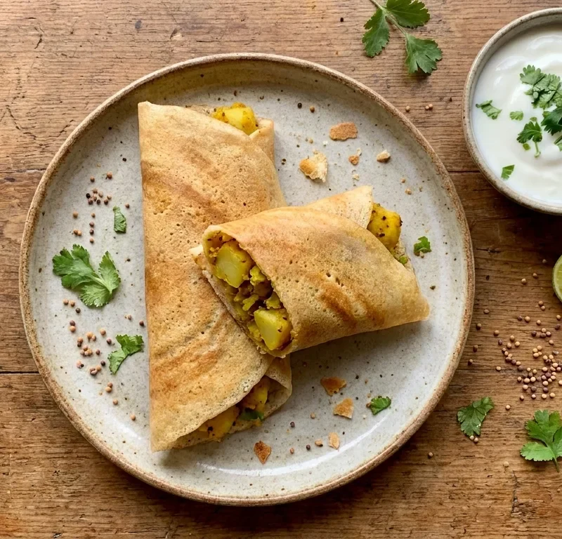 Gordon Ramsay spicy potato pancakes rolled with turmeric filling yoghurt and coriander on a ceramic plate