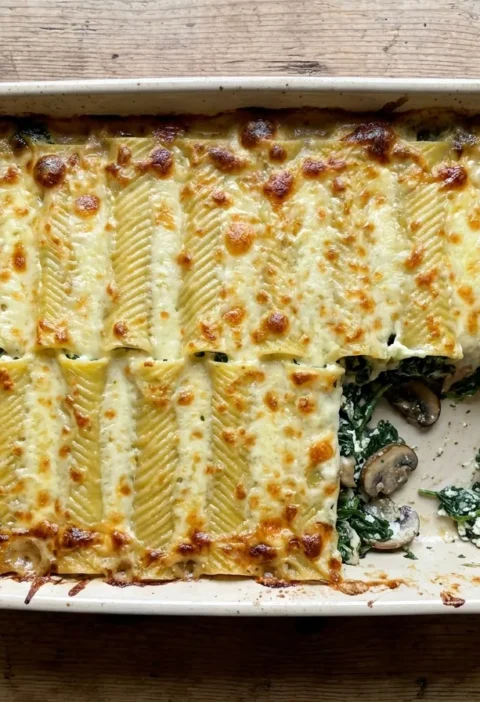 Gordon Ramsay spinach and ricotta cannelloni baked golden in a dish with one portion lifted out showing the spinach mushroom and ricotta filling