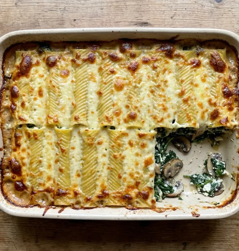 Gordon Ramsay spinach and ricotta cannelloni baked golden in a dish with one portion lifted out showing the spinach mushroom and ricotta filling
