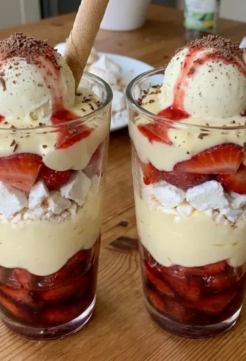 Gordon Ramsay strawberry glory layered in tall glasses with ice cream chocolate and wafer