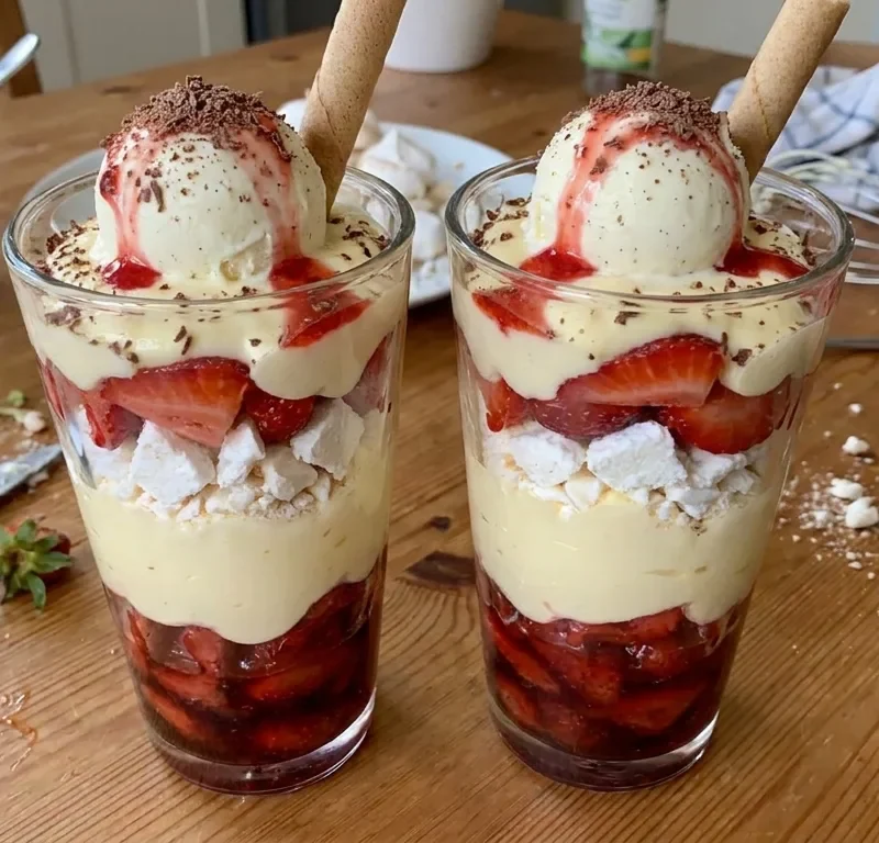 Gordon Ramsay strawberry glory layered in tall glasses with ice cream chocolate and wafer
