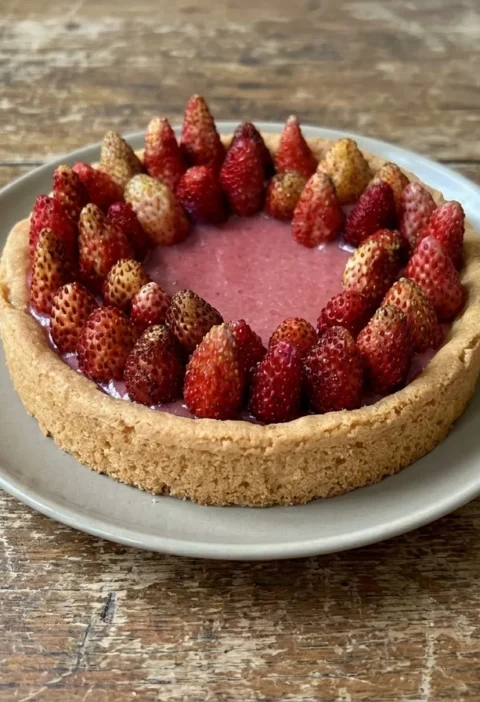 Gordon Ramsay strawberry shortcake filled with thick strawberry coulis and wild Alpine strawberries stood upright around the rim