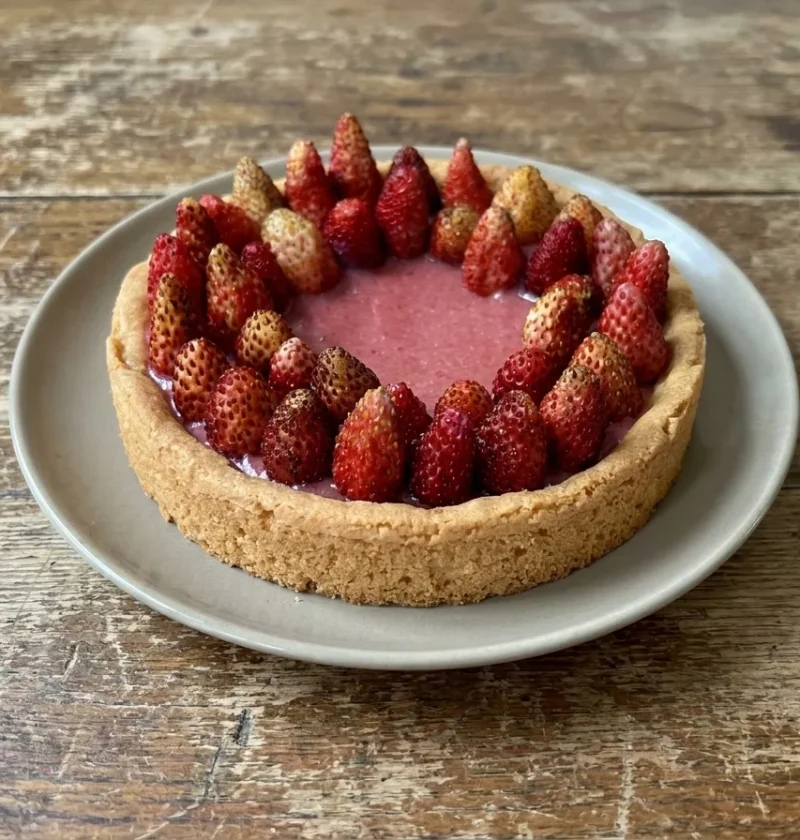 Gordon Ramsay strawberry shortcake filled with thick strawberry coulis and wild Alpine strawberries stood upright around the rim