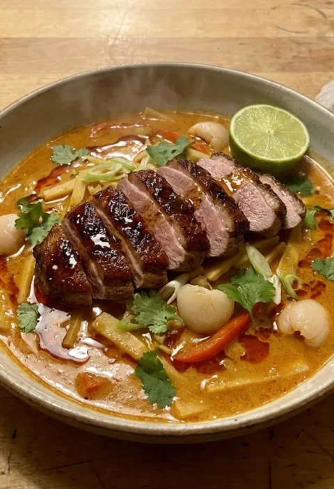 Gordon Ramsay Thai red curry with sliced honey glazed duck breast, lychees, bamboo shoots and red pepper in coconut red curry sauce