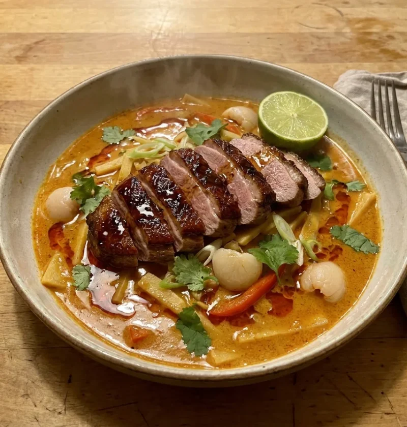 Gordon Ramsay Thai red curry with sliced honey glazed duck breast, lychees, bamboo shoots and red pepper in coconut red curry sauce