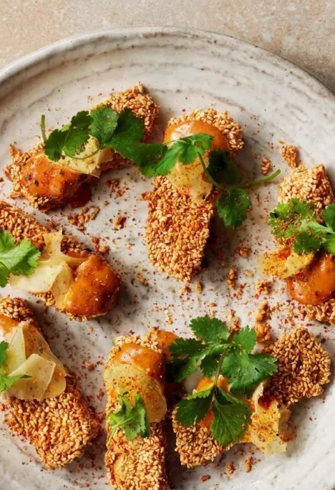 Gordon Ramsay tofu slices in a toasted sesame crust with miso mayonnaise, pickled ginger, coriander and shichimi togarashi