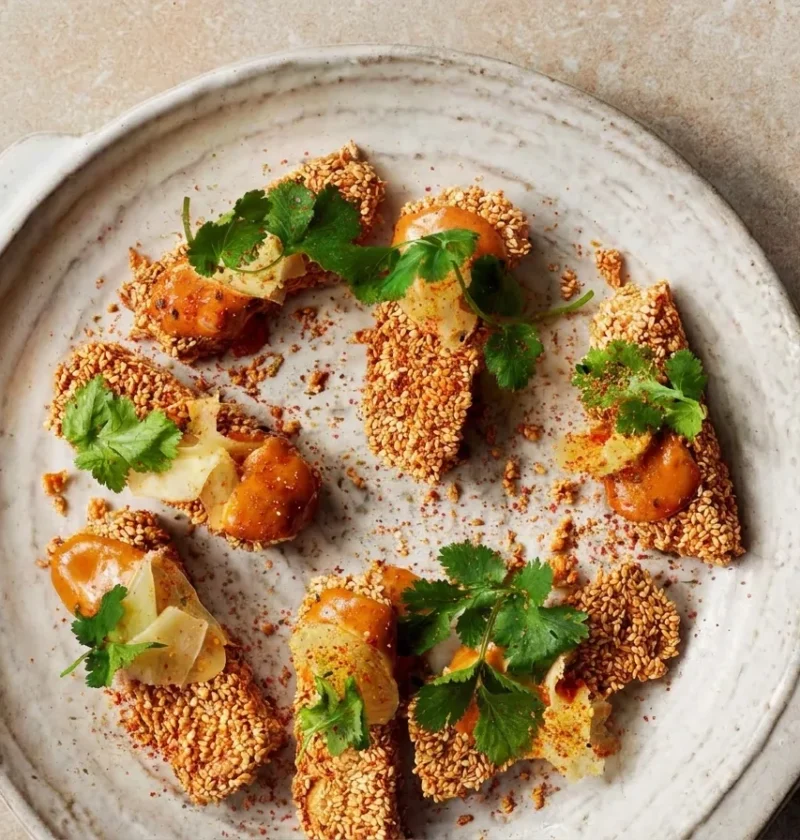 Gordon Ramsay tofu slices in a toasted sesame crust with miso mayonnaise, pickled ginger, coriander and shichimi togarashi