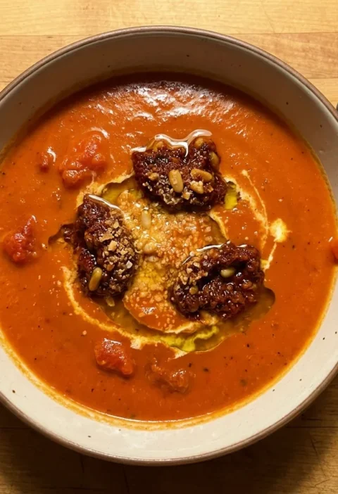 Gordon Ramsay tomato soup, creamy roasted tomato soup topped with dollops of coarse sundried tomato pesto, pine nuts and Parmesan