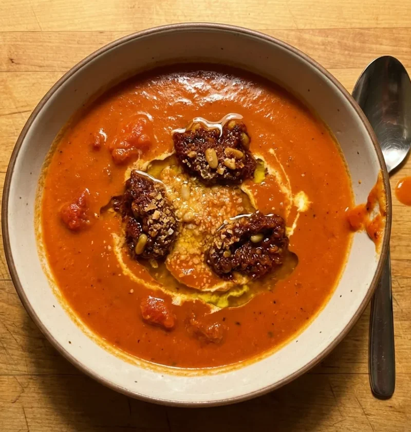 Gordon Ramsay tomato soup, creamy roasted tomato soup topped with dollops of coarse sundried tomato pesto, pine nuts and Parmesan