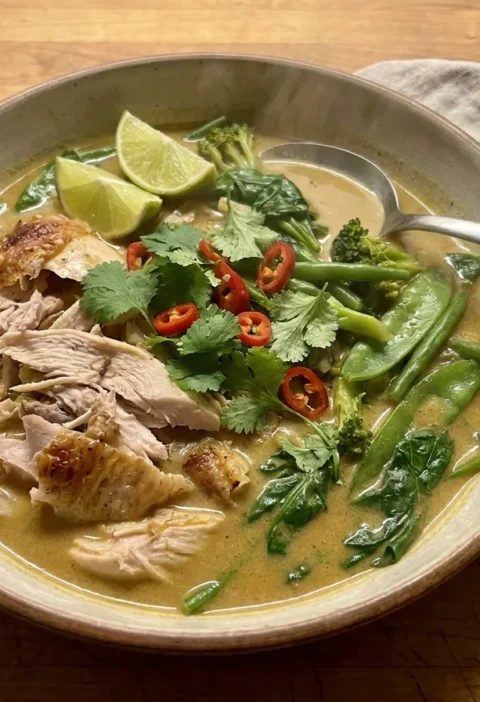 Gordon Ramsay turkey curry with shredded leftover turkey, mangetout, green beans and spinach in a golden coconut curry sauce with lime and red chilli