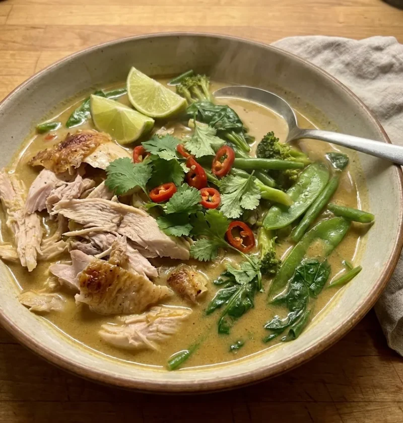 Gordon Ramsay turkey curry with shredded leftover turkey, mangetout, green beans and spinach in a golden coconut curry sauce with lime and red chilli