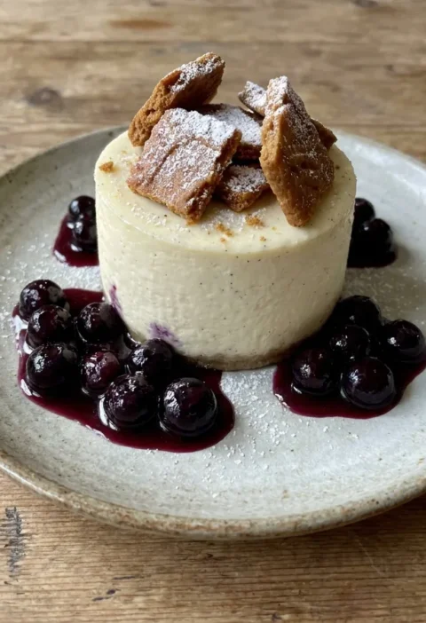 Gordon Ramsay vanilla cheesecake turned out with caramelised biscuit shards on top and berry compote spooned around