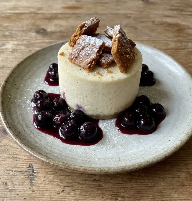 Gordon Ramsay vanilla cheesecake turned out with caramelised biscuit shards on top and berry compote spooned around