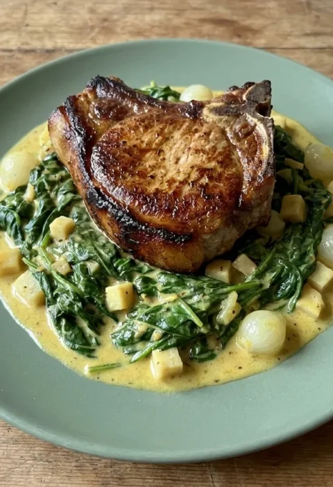Gordon Ramsay veal chop fried golden and sitting on celeriac, baby onions and spinach in a Dijon cream sauce