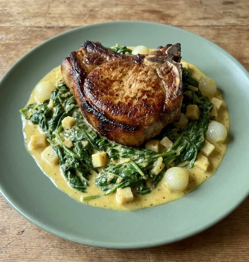 Gordon Ramsay veal chop fried golden and sitting on celeriac, baby onions and spinach in a Dijon cream sauce