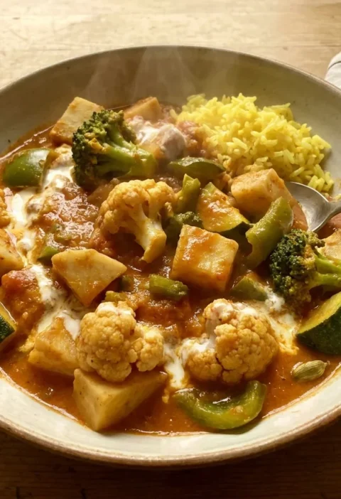 Gordon Ramsay vegetable curry with celeriac, cauliflower, broccoli and courgette in Madras tomato sauce with yoghurt and saffron rice