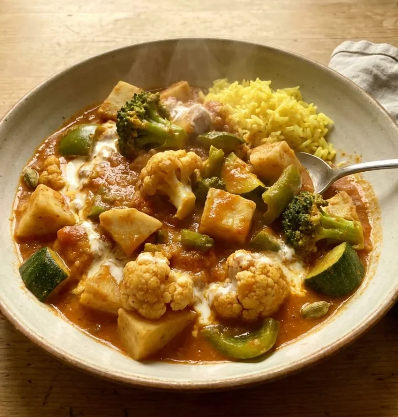 Gordon Ramsay vegetable curry with celeriac, cauliflower, broccoli and courgette in Madras tomato sauce with yoghurt and saffron rice