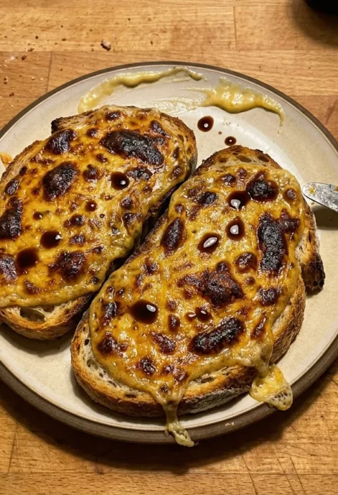 Gordon Ramsay Welsh rarebit, two slices of rustic toast covered in grilled beer and Cheddar cheese sauce with dark golden blistered patches