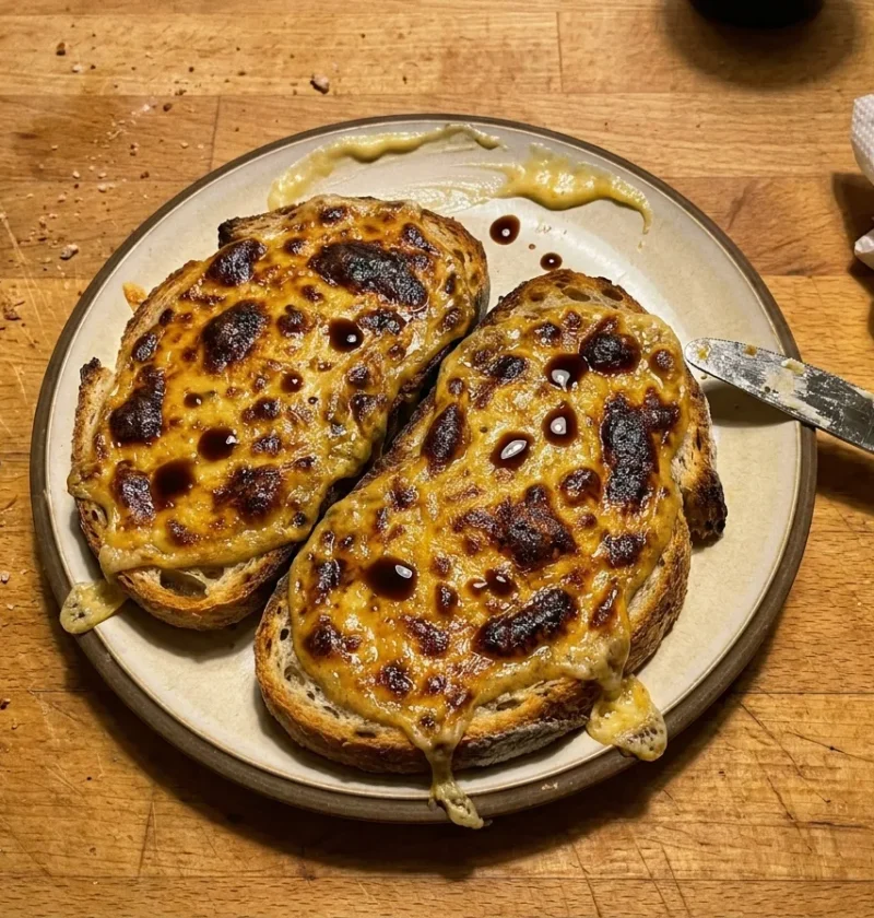 Gordon Ramsay Welsh rarebit, two slices of rustic toast covered in grilled beer and Cheddar cheese sauce with dark golden blistered patches