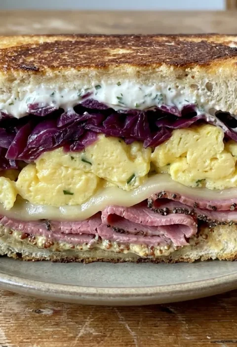 Pastrami egg and cheese sandwich cut open showing pastrami, melted Swiss, scrambled eggs and red cabbage in griddled pretzel bread