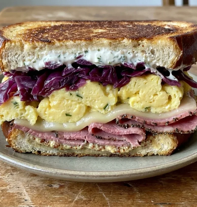Pastrami egg and cheese sandwich cut open showing pastrami, melted Swiss, scrambled eggs and red cabbage in griddled pretzel bread