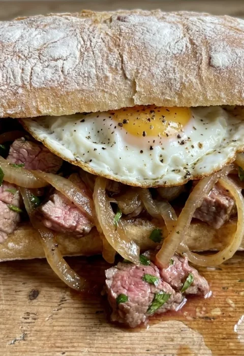 Steak and egg sandwich on ciabatta with pink coffee-rubbed steak, caramelised onions and a runny fried egg spilling from the roll