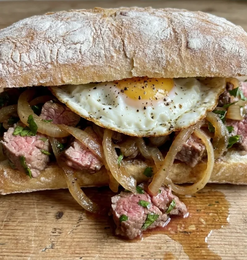 Steak and egg sandwich on ciabatta with pink coffee-rubbed steak, caramelised onions and a runny fried egg spilling from the roll